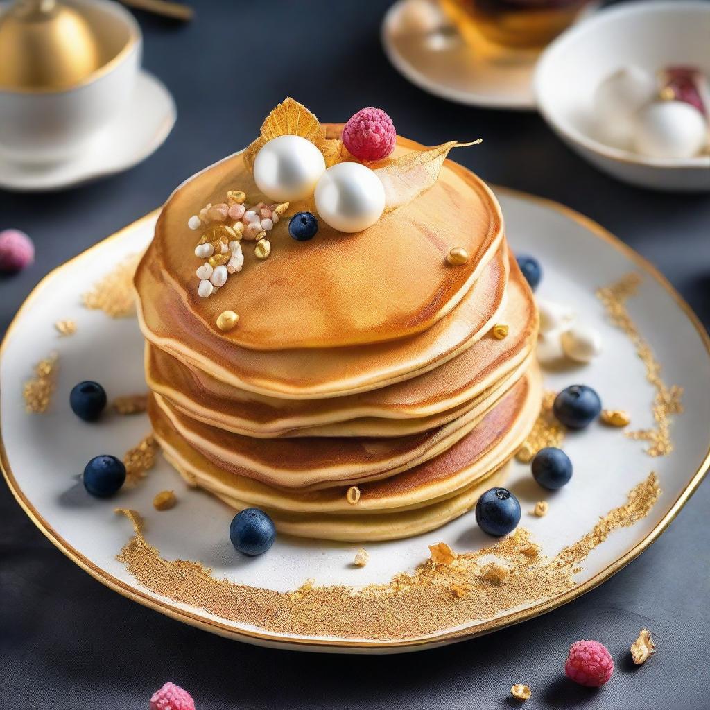 An exquisitely crafted pancake, garnished with luxurious toppings such as gold leaf and edible pearls, creating a priceless piece of culinary art