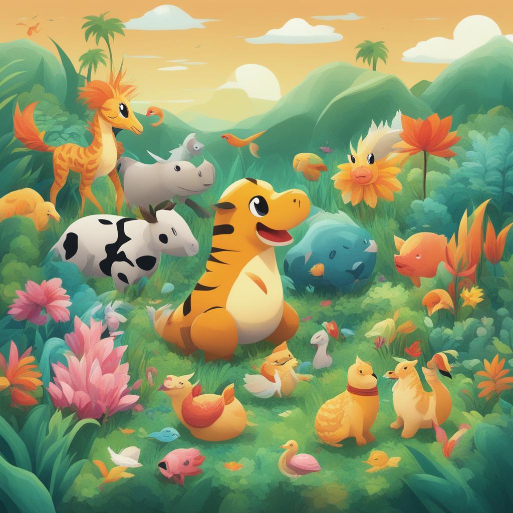 A lively digital art piece in the style of Pokémon, featuring a variety of creatures including a tiger, cow, horse, camel, flamingo, two fish, a scorpion, and a seal, all gathered around a vibrant green plant in a lush meadow