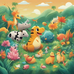A lively digital art piece in the style of Pokémon, featuring a variety of creatures including a tiger, cow, horse, camel, flamingo, two fish, a scorpion, and a seal, all gathered around a vibrant green plant in a lush meadow