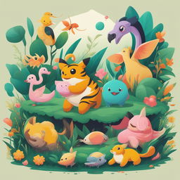 A lively digital art piece in the style of Pokémon, featuring a variety of creatures including a tiger, cow, horse, camel, flamingo, two fish, a scorpion, and a seal, all gathered around a vibrant green plant in a lush meadow