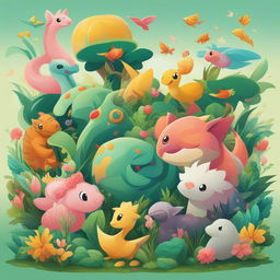 A lively digital art piece in the style of Pokémon, featuring a variety of creatures including a tiger, cow, horse, camel, flamingo, two fish, a scorpion, and a seal, all gathered around a vibrant green plant in a lush meadow