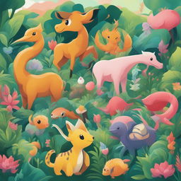 A lively digital art piece in the style of Pokémon, featuring a variety of creatures including a tiger, cow, horse, camel, flamingo, two fish, a scorpion, and a seal, all gathered around a vibrant green plant in a lush meadow