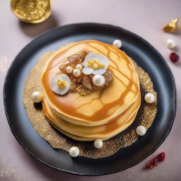 An exquisitely crafted pancake, garnished with luxurious toppings such as gold leaf and edible pearls, creating a priceless piece of culinary art