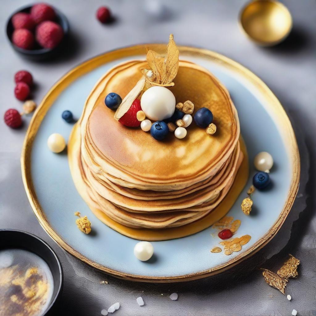 An exquisitely crafted pancake, garnished with luxurious toppings such as gold leaf and edible pearls, creating a priceless piece of culinary art