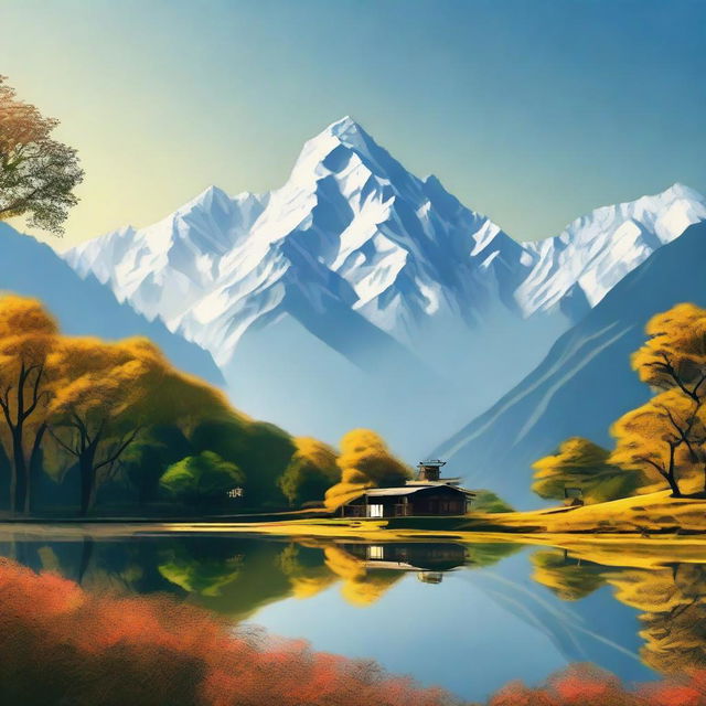 A representation of the maths formula (a+b)^2 seamlessly merged with idyllic Himalayan scenery, embodying tranquility and beauty.