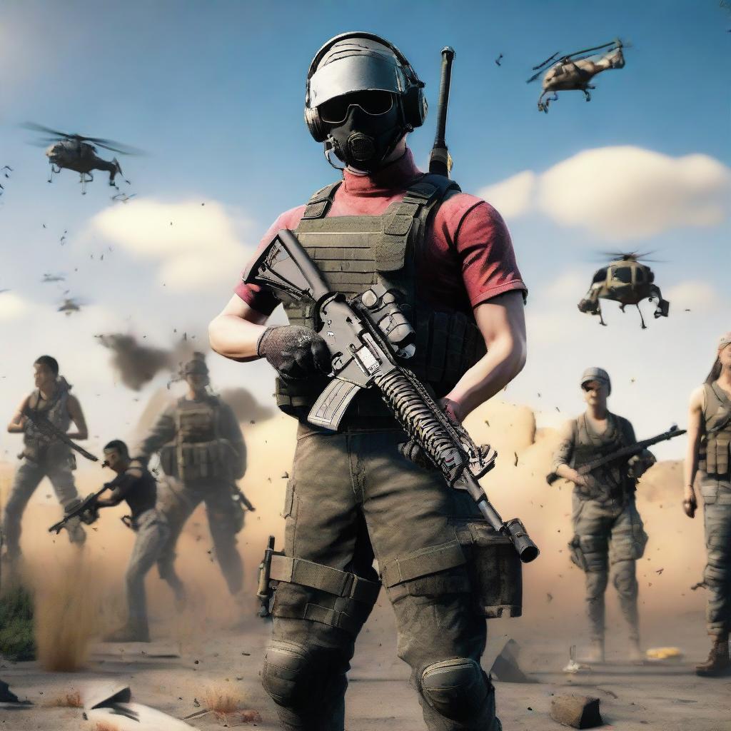 A triumphant PUBG character, posing dramatically with an M416 assault rifle, surrounded by the in-game items of defeated competitors