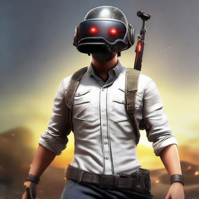 An intense PUBG character with glowing red eyes, standing in a victorious pose after defeating all competitors