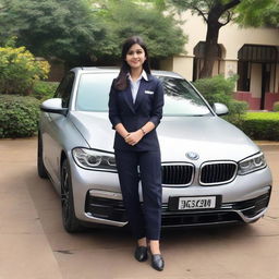 A girl wearing Fergusson College uniform, standing confidently next to a sleek BMW car. She is also wearing stylish Nick shoes, completing her trendy look.