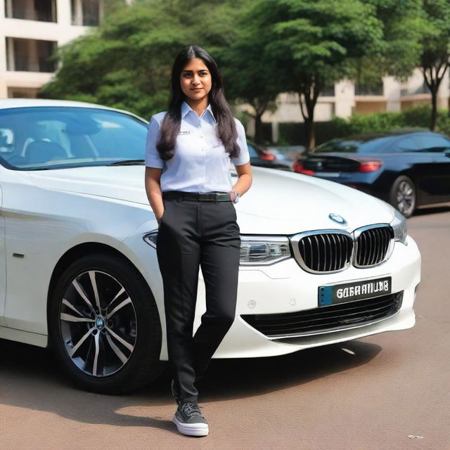 A girl wearing Fergusson College uniform, standing confidently next to a sleek BMW car. She is also wearing stylish Nick shoes, completing her trendy look.