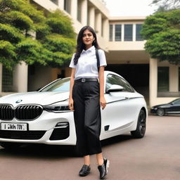 A girl wearing Fergusson College uniform, standing confidently next to a sleek BMW car. She is also wearing stylish Nick shoes, completing her trendy look.