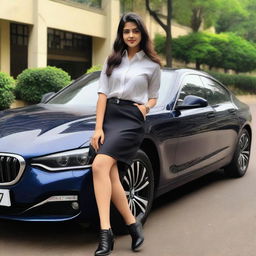 A girl wearing Fergusson College uniform, standing confidently next to a sleek BMW car. She is also wearing stylish Nick shoes, completing her trendy look.