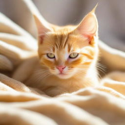 An adorable yellow kitten peacefully sleeping on a soft fleece blanket under the warm, basking winter sun.