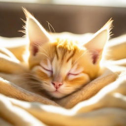 An adorable yellow kitten peacefully sleeping on a soft fleece blanket under the warm, basking winter sun.