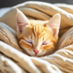 An adorable yellow kitten peacefully sleeping on a soft fleece blanket under the warm, basking winter sun.