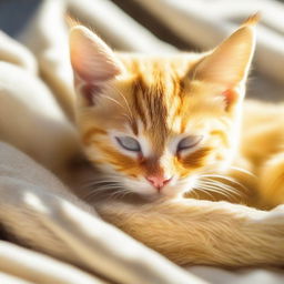 An adorable yellow kitten peacefully sleeping on a soft fleece blanket under the warm, basking winter sun.