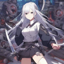 Anime-styled artwork of a beautiful Japanese school girl with white hair and dual katanas, influenced by the character Yukihime. She is surrounded by various engine gears, set in a cyberpunk context.