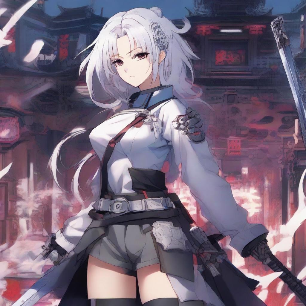 Anime-styled artwork of a beautiful Japanese school girl with white hair and dual katanas, influenced by the character Yukihime. She is surrounded by various engine gears, set in a cyberpunk context.