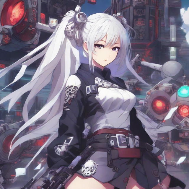 Anime-styled artwork of a beautiful Japanese school girl with white hair and dual katanas, influenced by the character Yukihime. She is surrounded by various engine gears, set in a cyberpunk context.