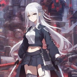 Anime-styled artwork of a beautiful Japanese school girl with white hair and dual katanas, influenced by the character Yukihime. She is surrounded by various engine gears, set in a cyberpunk context.