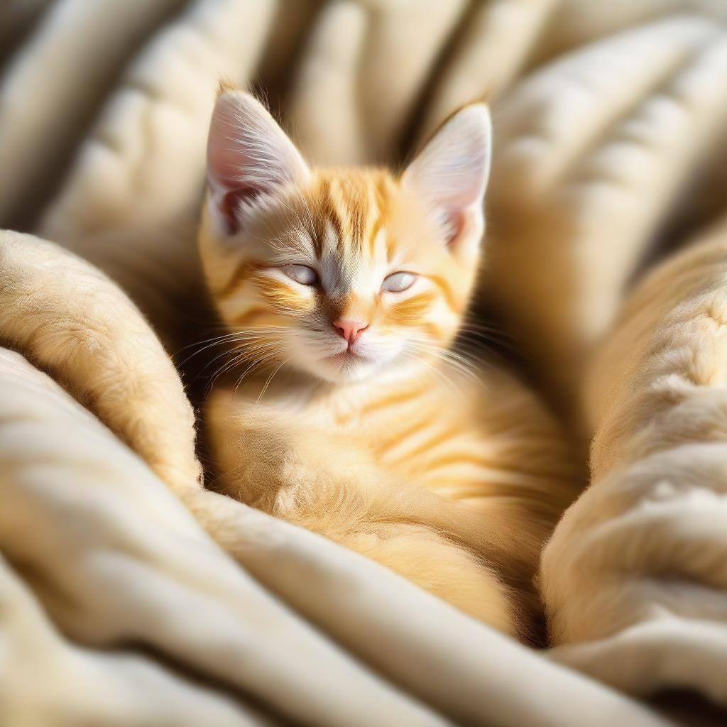 A full-body view of an adorable yellow kitten with a thick tail, peacefully sleeping on a soft fleece blanket under the warm, basking winter sun.