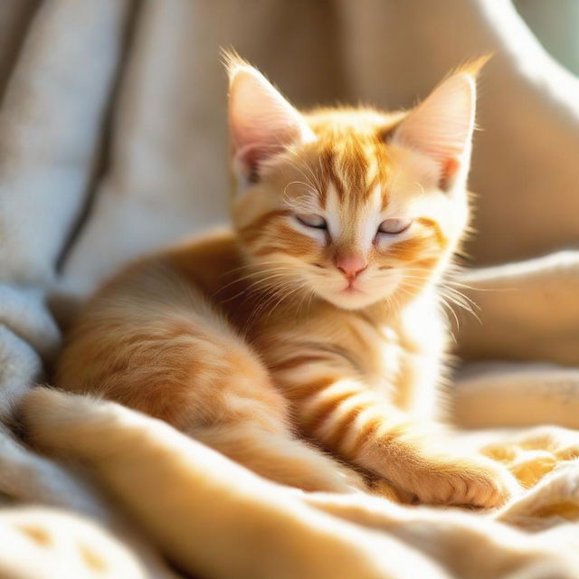 A full-body view of an adorable yellow kitten with a thick tail, peacefully sleeping on a soft fleece blanket under the warm, basking winter sun.