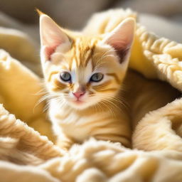 A full-body view of an adorable yellow kitten with a thick tail, peacefully sleeping on a soft fleece blanket under the warm, basking winter sun.