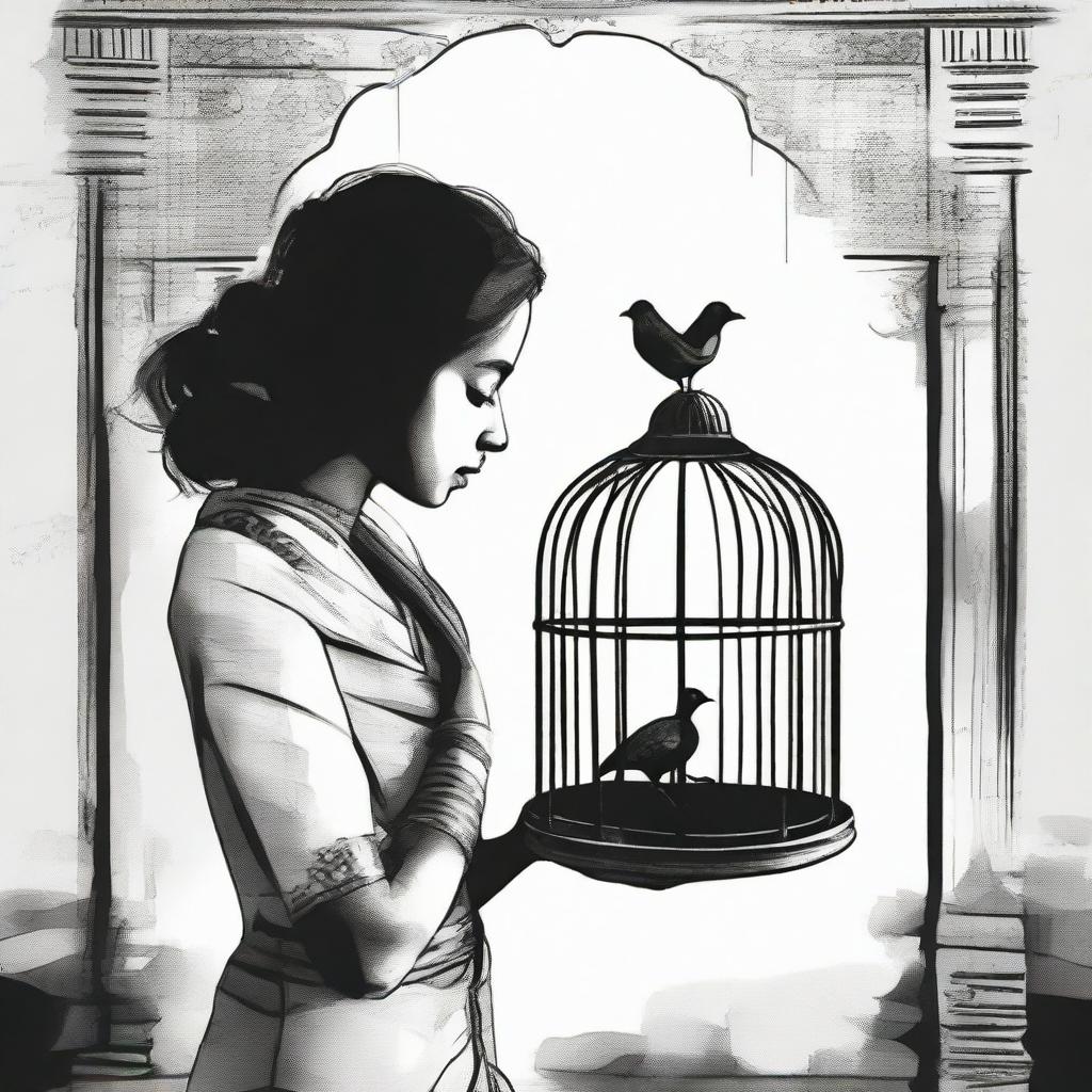 A monochromatic image featuring a girl dressed in a sari, trapped in a birdcage, her hand outstretched pleading for help