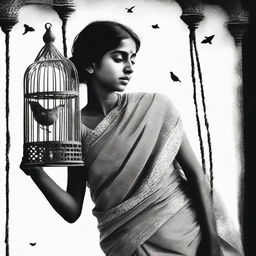 A monochromatic image featuring a girl dressed in a sari, trapped in a birdcage, her hand outstretched pleading for help