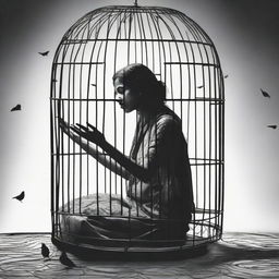 A monochromatic image featuring a girl dressed in a sari, trapped in a birdcage, her hand outstretched pleading for help