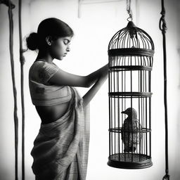 A monochromatic image featuring a girl dressed in a sari, trapped in a birdcage, her hand outstretched pleading for help