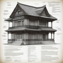 Generate a detailed thesis diagram illustrating the architectural history of an ancestral house, featuring notable architectural styles and transformations over time.