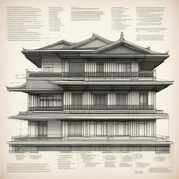 Generate a detailed thesis diagram illustrating the architectural history of an ancestral house, featuring notable architectural styles and transformations over time.