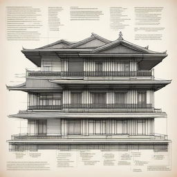 Generate a detailed thesis diagram illustrating the architectural history of an ancestral house, featuring notable architectural styles and transformations over time.