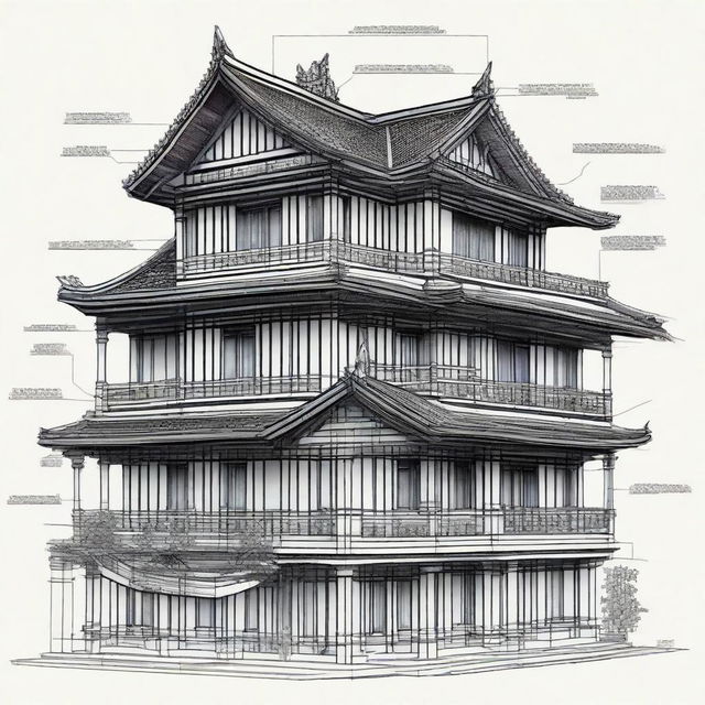 Generate a detailed thesis diagram illustrating the architectural history of an ancestral house, featuring notable architectural styles and transformations over time.