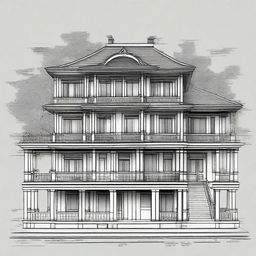 Generate a detailed thesis diagram illustrating the architectural history of an ancestral house, featuring notable architectural styles and transformations over time.