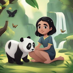 A girl named Dikshita joyfully playing with a cute panda in a stunning natural setting adorned with waterfalls, fluttering butterflies, buzzing honey bees, and a sleek black panther observing from a distance.