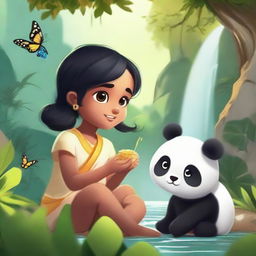 A girl named Dikshita joyfully playing with a cute panda in a stunning natural setting adorned with waterfalls, fluttering butterflies, buzzing honey bees, and a sleek black panther observing from a distance.