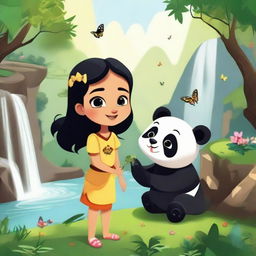 A girl named Dikshita joyfully playing with a cute panda in a stunning natural setting adorned with waterfalls, fluttering butterflies, buzzing honey bees, and a sleek black panther observing from a distance.