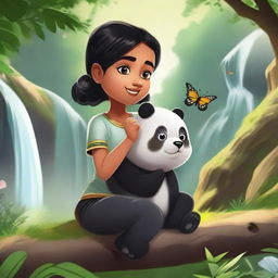 A girl named Dikshita joyfully playing with a cute panda in a stunning natural setting adorned with waterfalls, fluttering butterflies, buzzing honey bees, and a sleek black panther observing from a distance.