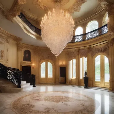 The profligate use of gold accents and crystal chandeliers in the mansion's interior design is awe-inspiring.