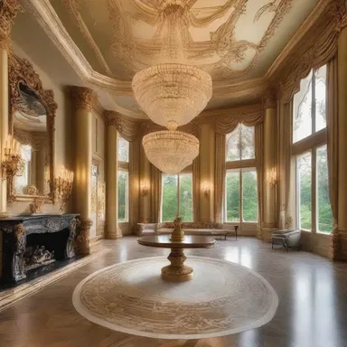 The profligate use of gold accents and crystal chandeliers in the mansion's interior design is awe-inspiring.