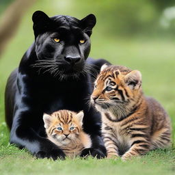 A majestic black panther and a powerful tiger sharing a moment of peaceful coexistence with a group of adorable kittens.