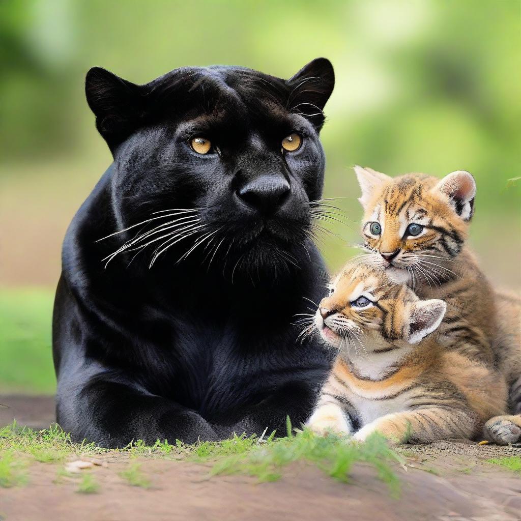 A majestic black panther and a powerful tiger sharing a moment of peaceful coexistence with a group of adorable kittens.