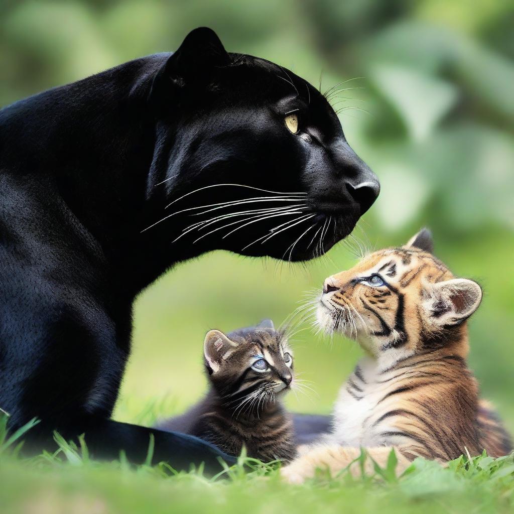 A majestic black panther and a powerful tiger sharing a moment of peaceful coexistence with a group of adorable kittens.