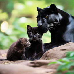 A majestic black panther and a powerful tiger sharing a moment of peaceful coexistence with a group of adorable kittens.