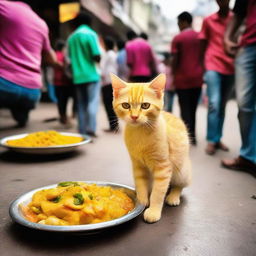 A charming yellow kitten with a thick tail, indulging in delicious fuchka (Indian street food) on a bustling street.