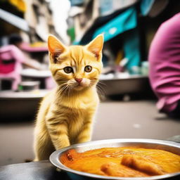 A charming yellow kitten with a thick tail, indulging in delicious fuchka (Indian street food) on a bustling street.