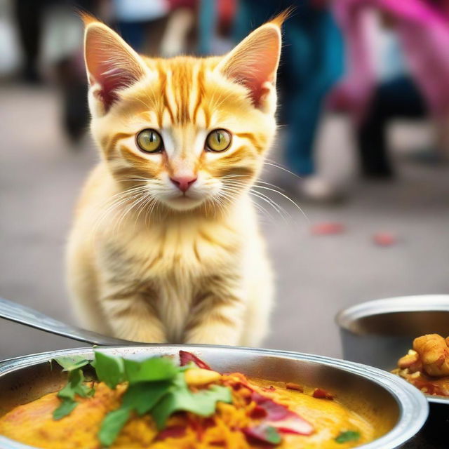 A charming yellow kitten with a thick tail, indulging in delicious fuchka (Indian street food) on a bustling street.