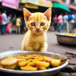 A charming yellow kitten with a thick tail, indulging in delicious fuchka (Indian street food) on a bustling street.