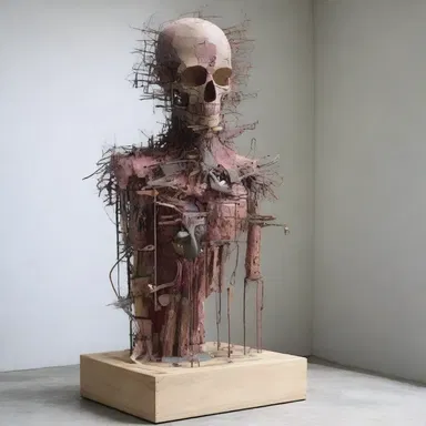 The artist used various oddments to create a thought-provoking sculpture.
